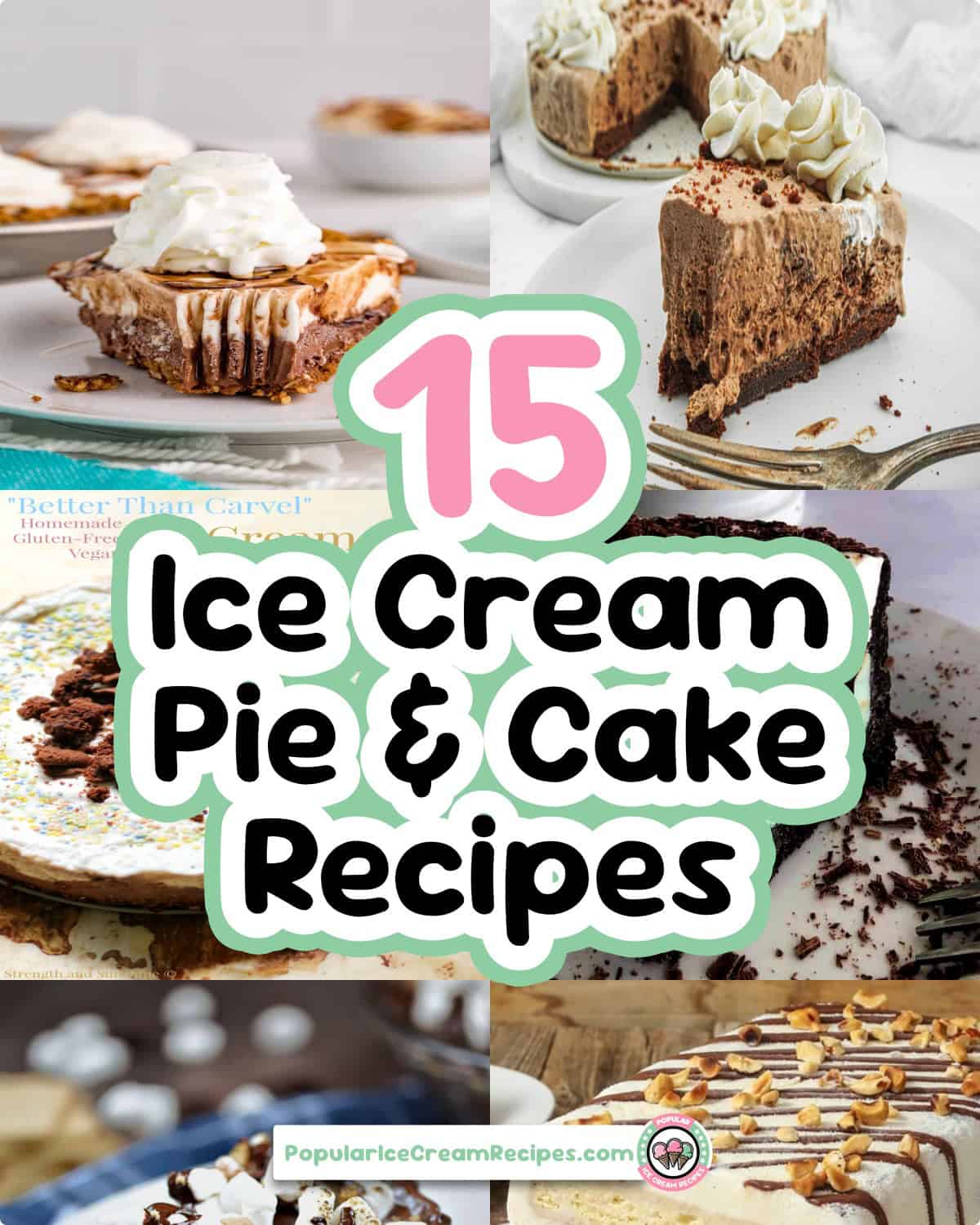 Delicious ice cream pies and cakes for celebrations with creamy toppings and chocolate.